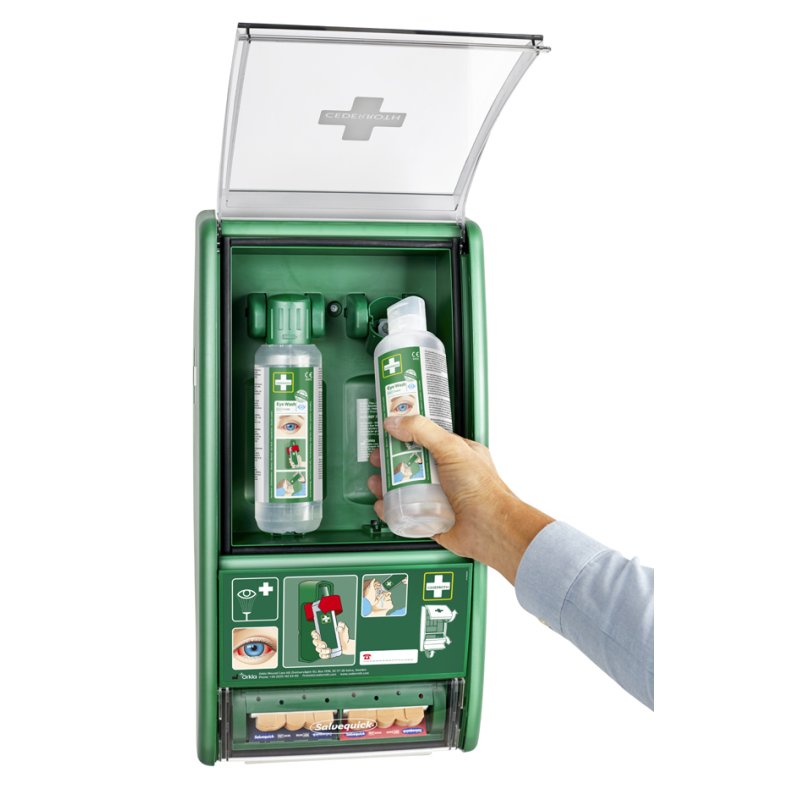 Oogdouche-station met oogzalfdispenser